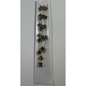 Blue Teal Clover Station Necklace Gold Tone Flower Motif Jewelry New